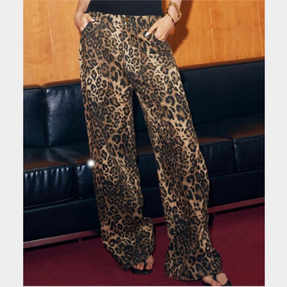 Cider NEW size 10 leopard print denim wide leg high waist jeans